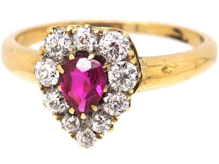 Edwardian 18ct Gold, Ruby & Diamond Pear Shaped Ring