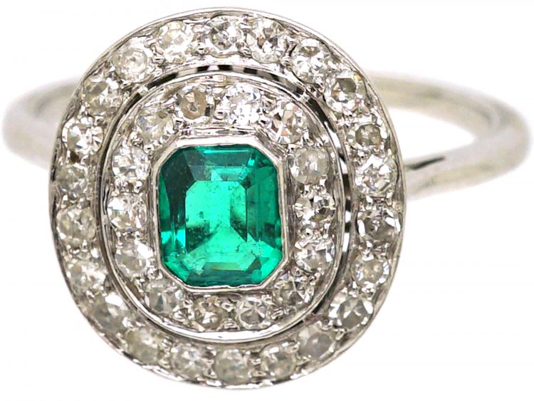 Edwardian Platinum, Emerald & Diamond Double Cluster Ring