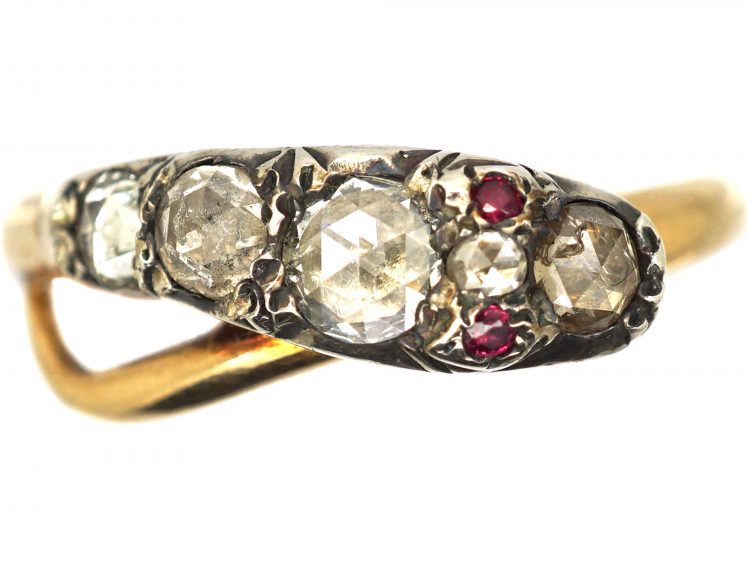 Georgian 15ct Gold & Silver, Rose Diamond Snake Ring with Ruby Eyes