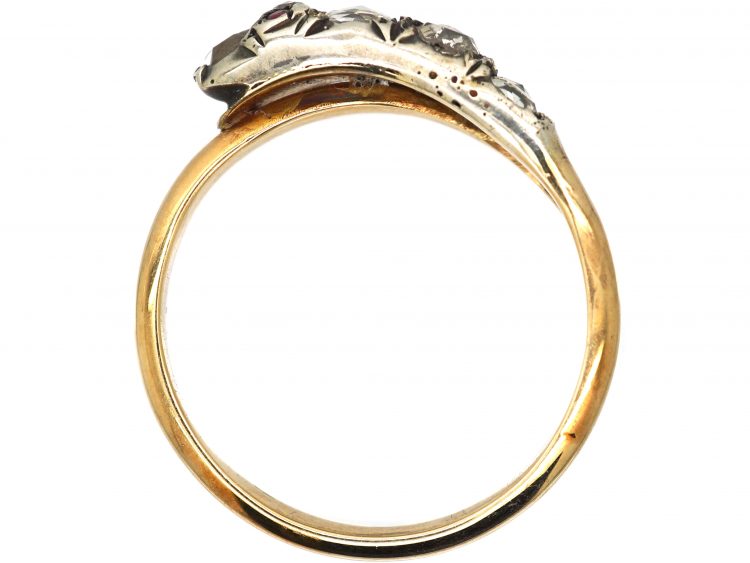 Georgian 15ct Gold & Silver, Rose Diamond Snake Ring with Ruby Eyes