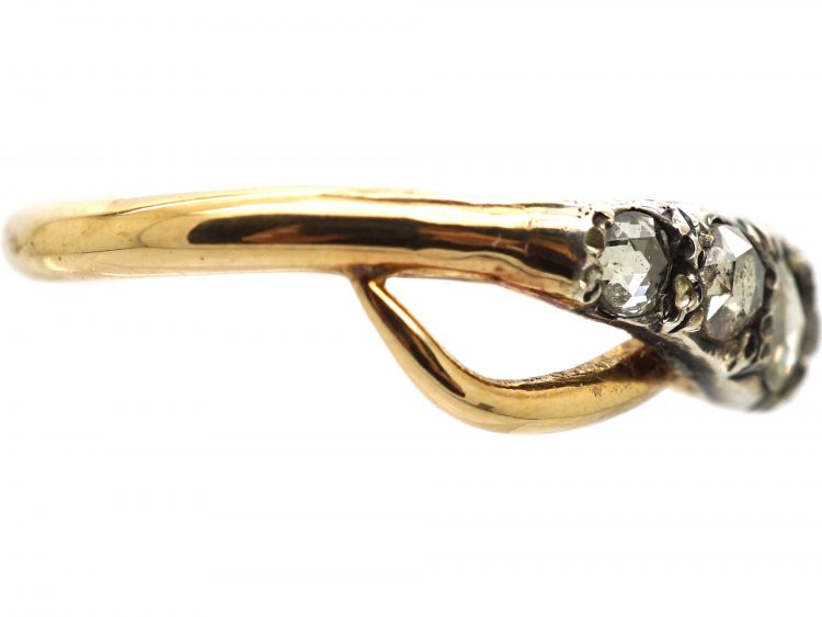 Georgian 15ct Gold & Silver, Rose Diamond Snake Ring with Ruby Eyes