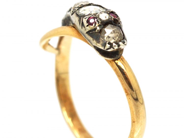 Georgian 15ct Gold & Silver, Rose Diamond Snake Ring with Ruby Eyes