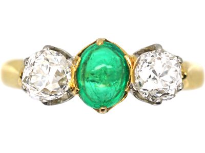 French Early 20th Century 18ct Gold Ring set with a Cabochon Emerald & Two Diamonds