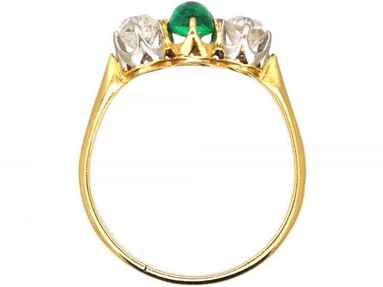 French Early 20th Century 18ct Gold Ring set with a Cabochon Emerald & Two Diamonds