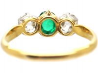French Early 20th Century 18ct Gold Ring set with a Cabochon Emerald & Two Diamonds