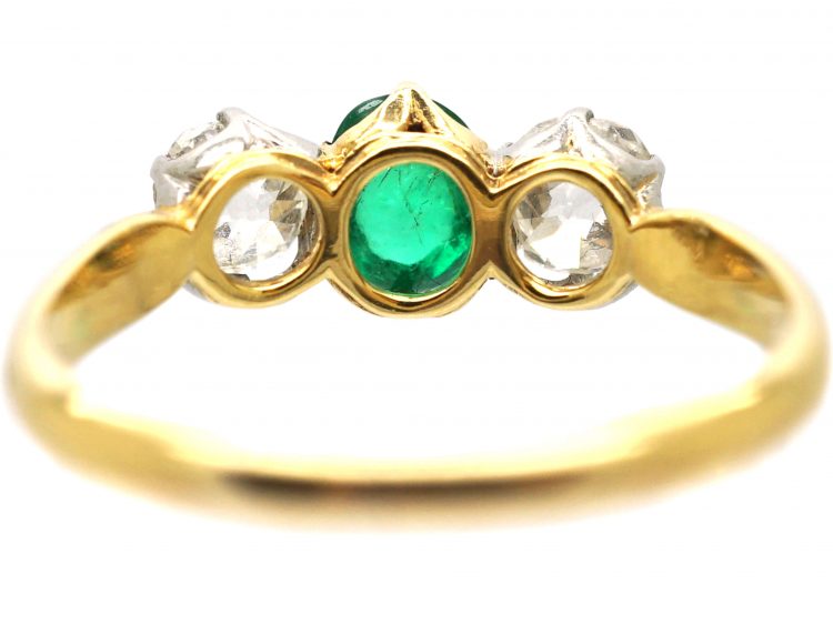 French Early 20th Century 18ct Gold Ring set with a Cabochon Emerald & Two Diamonds