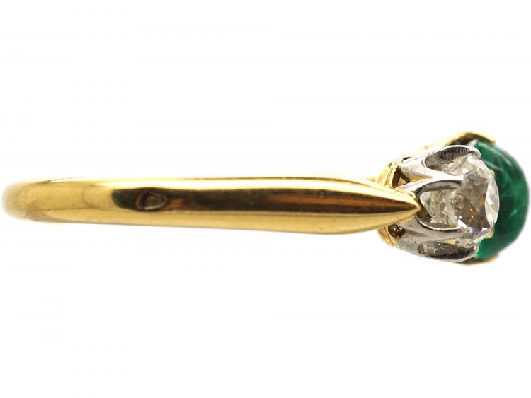 French Early 20th Century 18ct Gold Ring set with a Cabochon Emerald & Two Diamonds