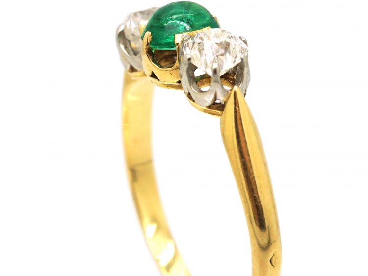 French Early 20th Century 18ct Gold Ring set with a Cabochon Emerald & Two Diamonds