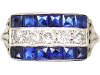 Art Deco 14ct White Gold, French Cut Sapphire & Diamond Three Row Ring
