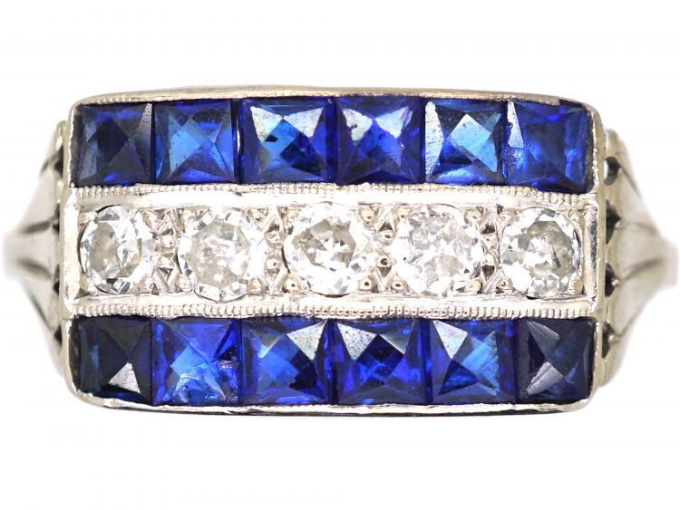 Art Deco 14ct White Gold, French Cut Sapphire & Diamond Three Row Ring