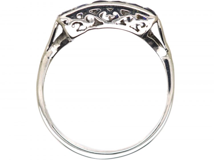 Art Deco 14ct White Gold, French Cut Sapphire & Diamond Three Row Ring