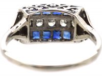 Art Deco 14ct White Gold, French Cut Sapphire & Diamond Three Row Ring