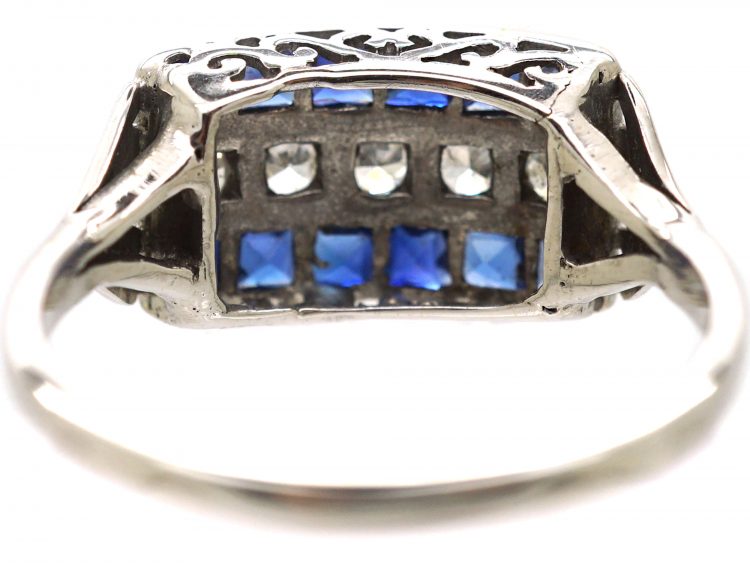 Art Deco 14ct White Gold, French Cut Sapphire & Diamond Three Row Ring