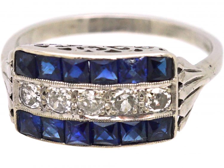 Art Deco 14ct White Gold, French Cut Sapphire & Diamond Three Row Ring