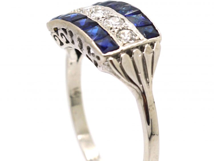Art Deco 14ct White Gold, French Cut Sapphire & Diamond Three Row Ring