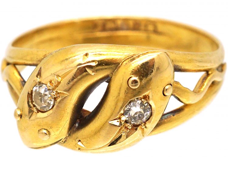 Edwardian 18ct Gold Double Snake Ring set with Diamonds