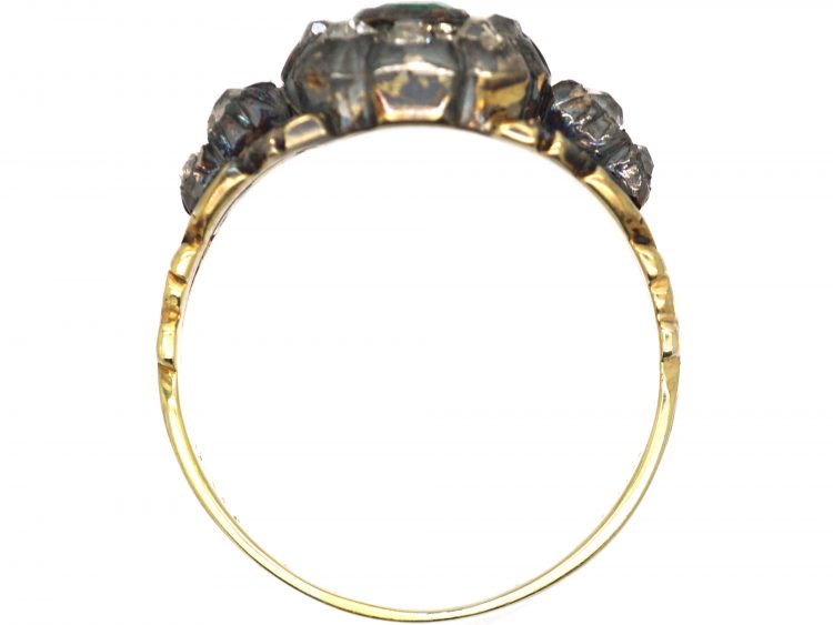 Georgian 15ct Gold, Emerald & Diamond Cluster Ring with Diamond Set Shoulders