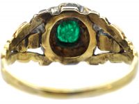 Georgian 15ct Gold, Emerald & Diamond Cluster Ring with Diamond Set Shoulders