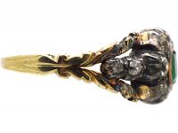 Georgian 15ct Gold, Emerald & Diamond Cluster Ring with Diamond Set Shoulders