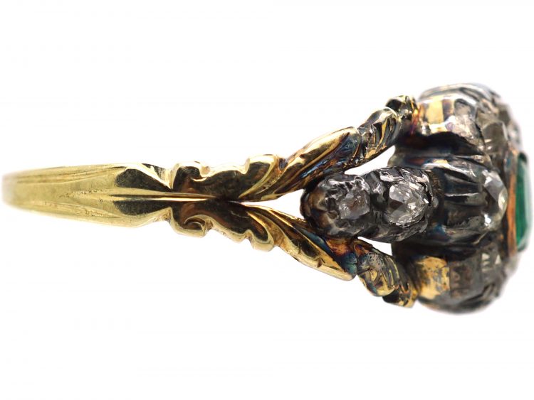 Georgian 15ct Gold, Emerald & Diamond Cluster Ring with Diamond Set Shoulders