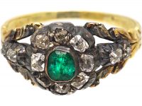 Georgian 15ct Gold, Emerald & Diamond Cluster Ring with Diamond Set Shoulders