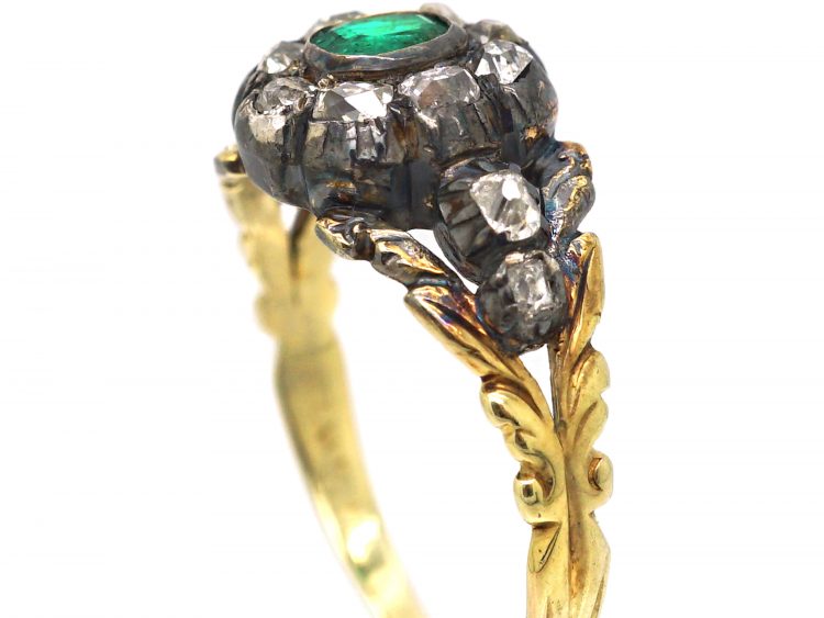 Georgian 15ct Gold, Emerald & Diamond Cluster Ring with Diamond Set Shoulders