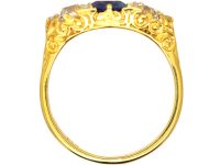 Victorian 18ct Gold Sapphire & Diamond Three Stone Carved Half Hoop Ring
