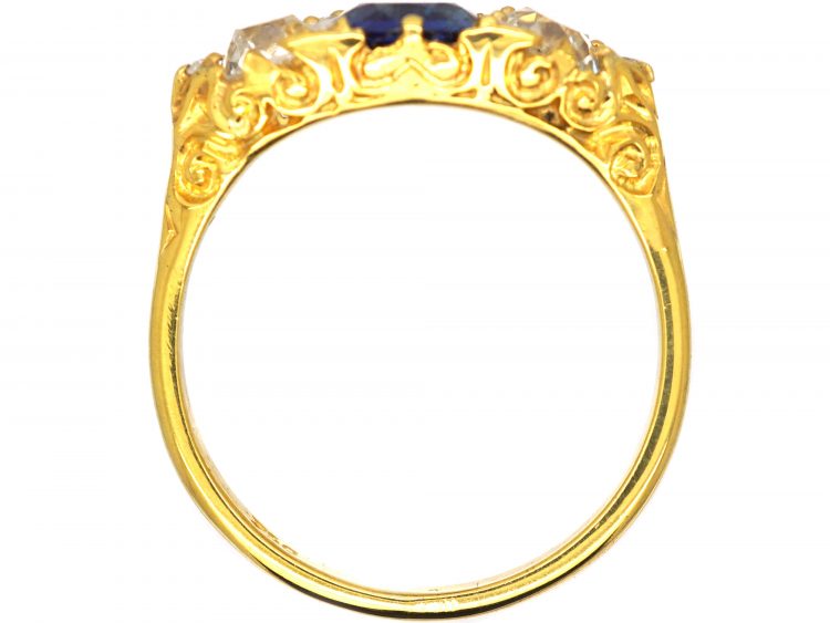 Victorian 18ct Gold Sapphire & Diamond Three Stone Carved Half Hoop Ring