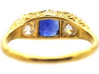Victorian 18ct Gold Sapphire & Diamond Three Stone Carved Half Hoop Ring