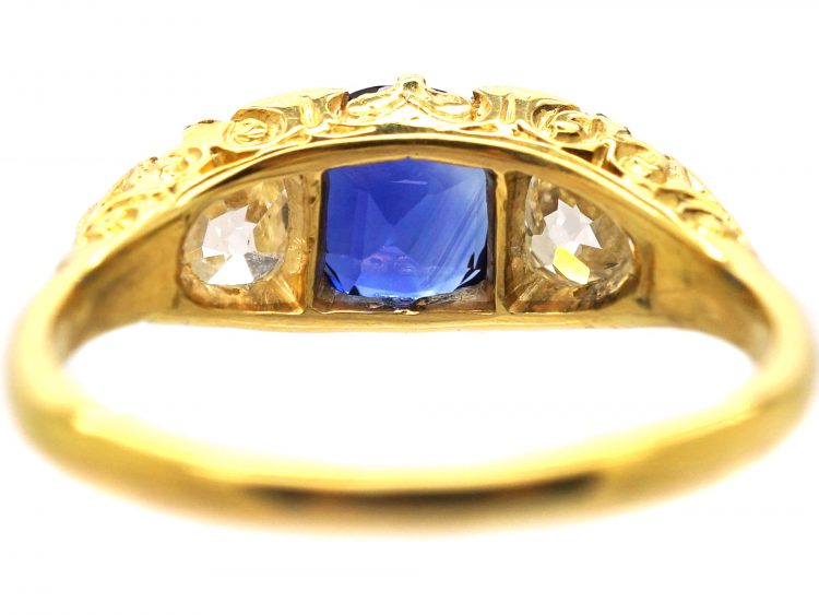 Victorian 18ct Gold Sapphire & Diamond Three Stone Carved Half Hoop Ring