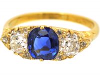 Victorian 18ct Gold Sapphire & Diamond Three Stone Carved Half Hoop Ring