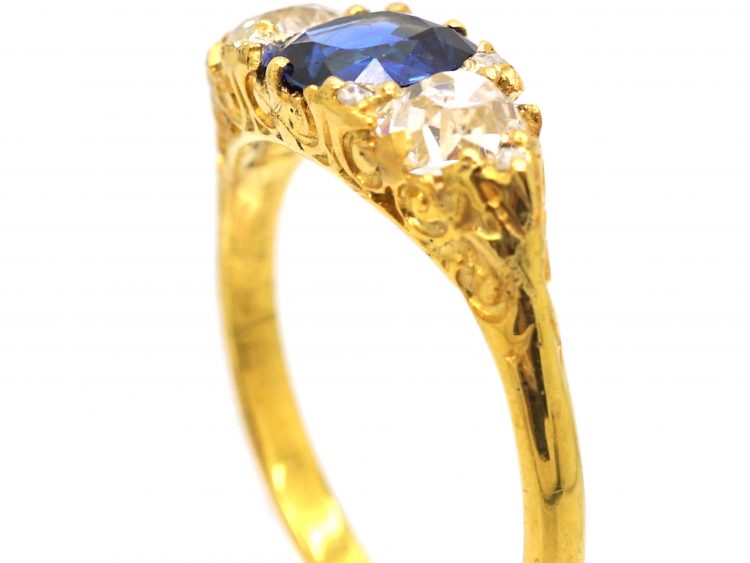 Victorian 18ct Gold Sapphire & Diamond Three Stone Carved Half Hoop Ring