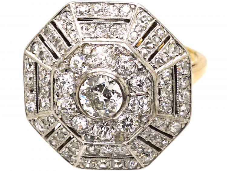 Art Deco 18ct Gold & Platinum Large Octagonal Shaped Ring set with Diamonds