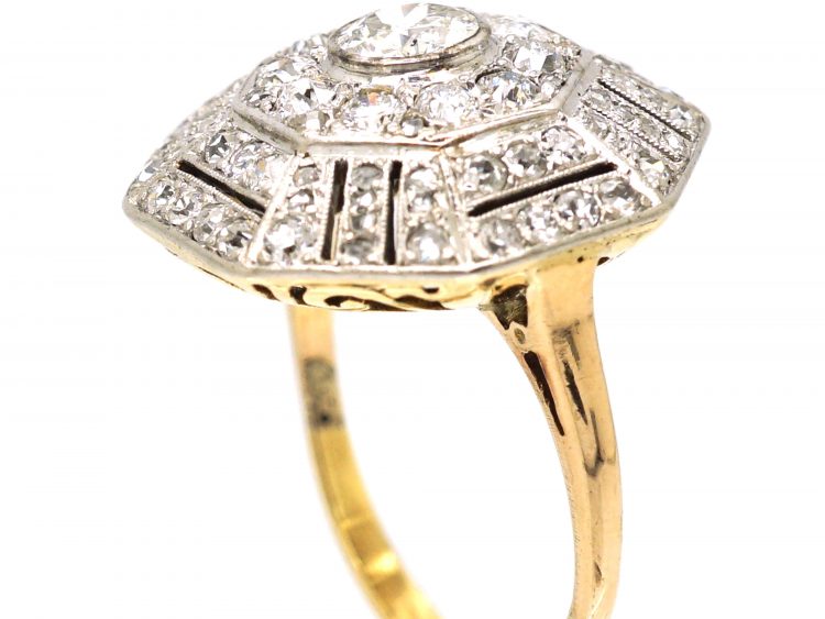 Art Deco 18ct Gold & Platinum Large Octagonal Shaped Ring set with Diamonds