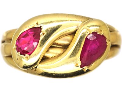 Victorian 18ct Gold Snake Ring set with Two Pear Shaped Rubies