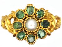 Regency 15ct Gold, Emerald & Natural Split Pearl Flower Cluster Ring with Ornate Shoulders