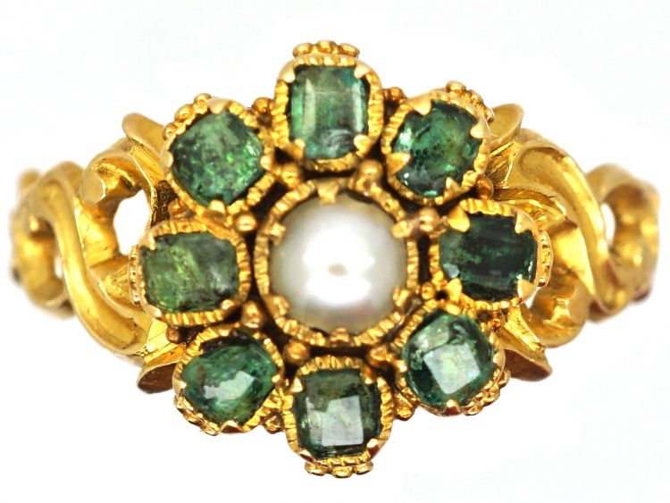 Regency 15ct Gold, Emerald & Natural Split Pearl Flower Cluster Ring with Ornate Shoulders