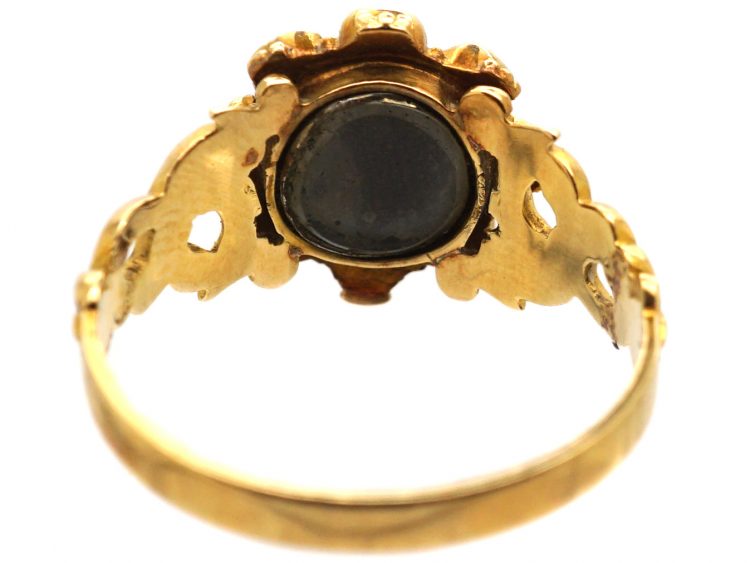 Regency 15ct Gold, Emerald & Natural Split Pearl Flower Cluster Ring with Ornate Shoulders