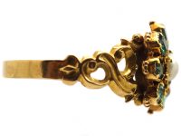 Regency 15ct Gold, Emerald & Natural Split Pearl Flower Cluster Ring with Ornate Shoulders