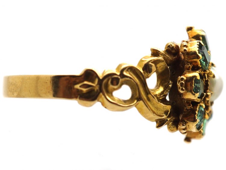 Regency 15ct Gold, Emerald & Natural Split Pearl Flower Cluster Ring with Ornate Shoulders