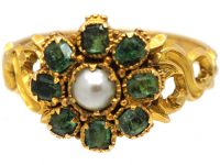 Regency 15ct Gold, Emerald & Natural Split Pearl Flower Cluster Ring with Ornate Shoulders