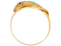 Early Victorian 15ct Gold Snake Ring set with Turquoise, Natural Split Pearl & Cabochon Emerald Eyes