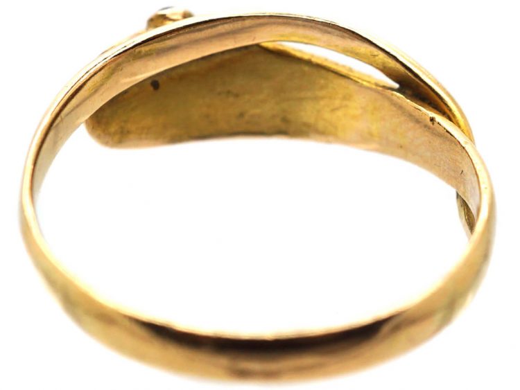 Early Victorian 15ct Gold Snake Ring set with Turquoise, Natural Split Pearl & Cabochon Emerald Eyes