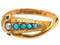 Early Victorian 15ct Gold Snake Ring set with Turquoise, Natural Split Pearl & Cabochon Emerald Eyes