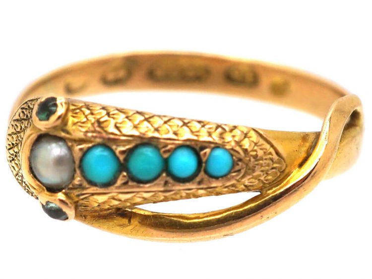 Early Victorian 15ct Gold Snake Ring set with Turquoise, Natural Split Pearl & Cabochon Emerald Eyes