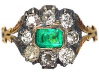 Georgian 9ct Gold & Silver, Emerald & Diamond Cluster Ring