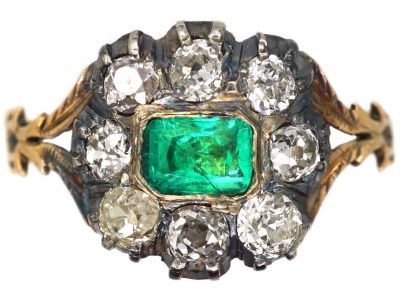 Georgian 9ct Gold & Silver, Emerald & Diamond Cluster Ring