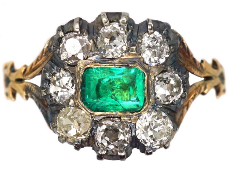 Georgian 9ct Gold & Silver, Emerald & Diamond Cluster Ring