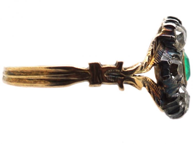 Georgian 9ct Gold & Silver, Emerald & Diamond Cluster Ring