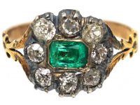 Georgian 9ct Gold & Silver, Emerald & Diamond Cluster Ring